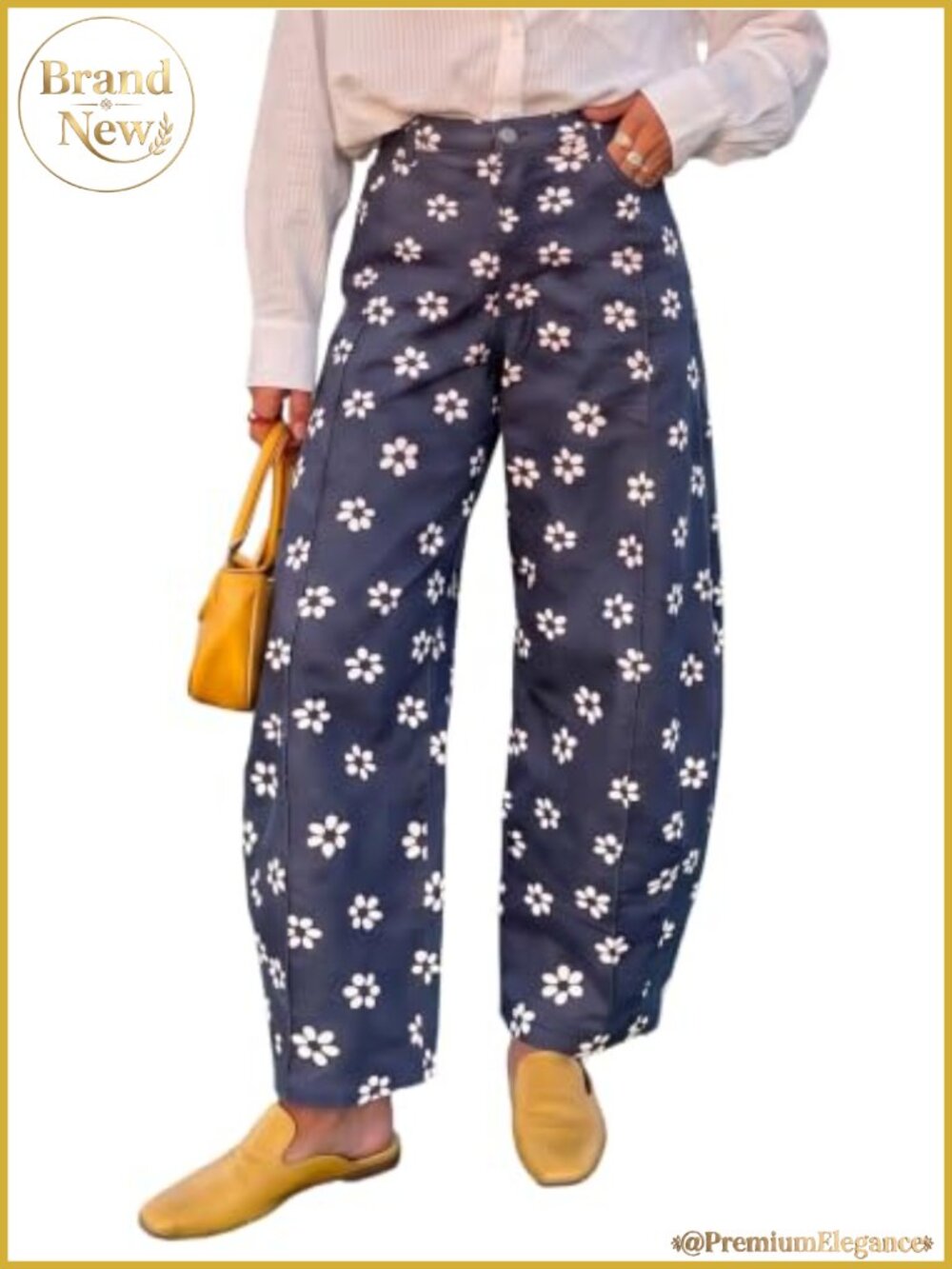 Womens Y2K Floral Barrel Jeans Elastic Waist Baggy Denim Wide Leg Pants